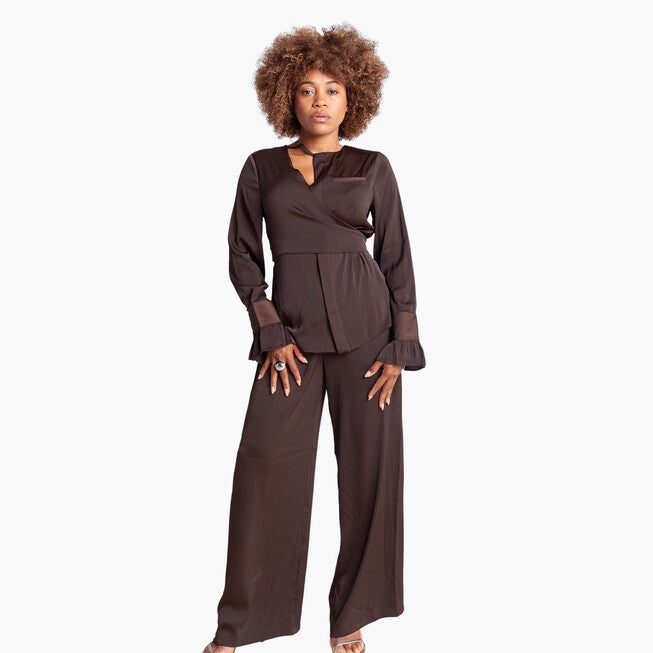 Long Sleeve Wrap Top, Brown / Brown, alternate image number 2