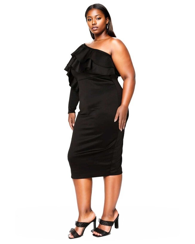 VAL RUFFLED BODYCON DRESS, Black / Black, alternate image number 1