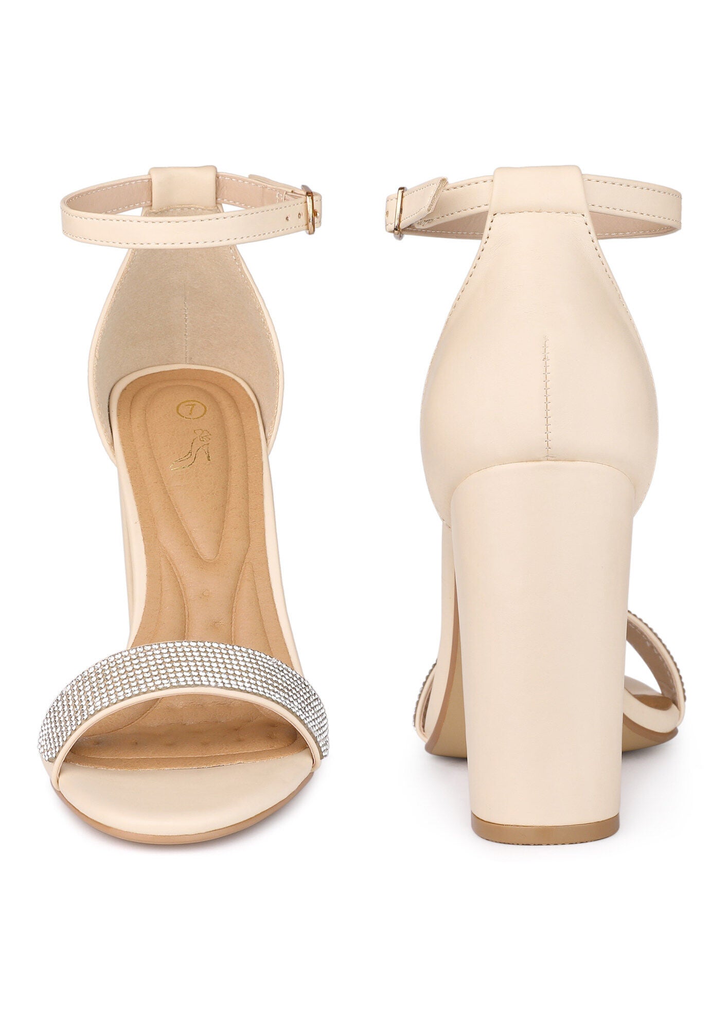 Open Toe Rhinestone Ankle Strap Chunky Heel Sandals, Beige / Beige, alternate image number 1