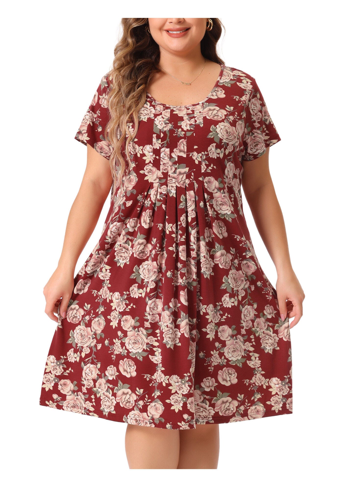 Short Sleeves Pleated Summer Beach Casual Loose Floral Dress, Burgundy / Red, alternate image number 4
