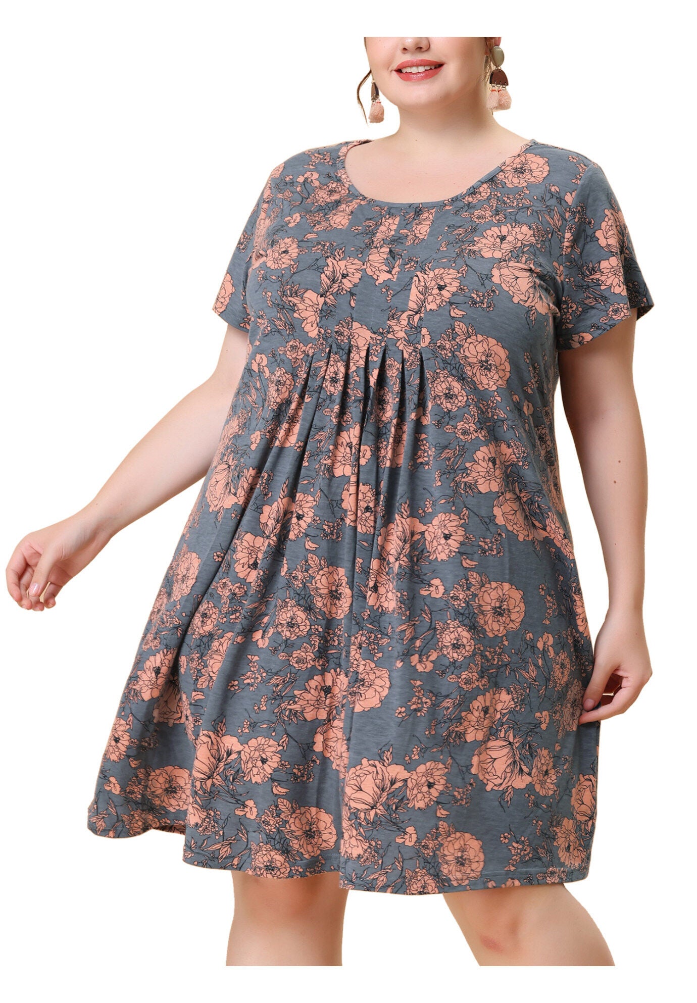 Short Sleeves Pleated Summer Beach Casual Loose Floral Dress, Pink / Pink, alternate image number 3