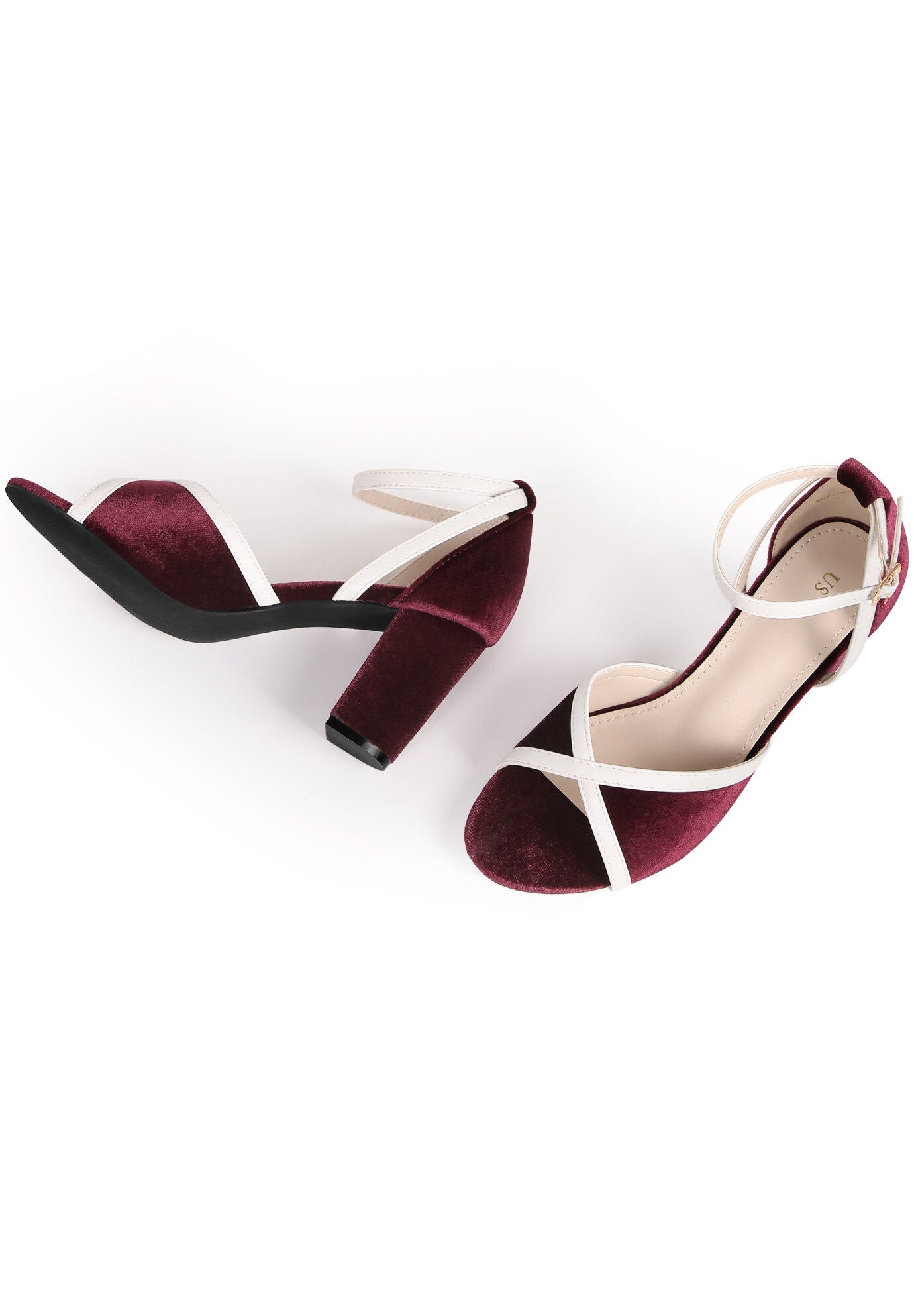 Velvet Open Toe Ankle Strap Chunky Heel Sandals, Burgundy / Burgundy, alternate image number 2