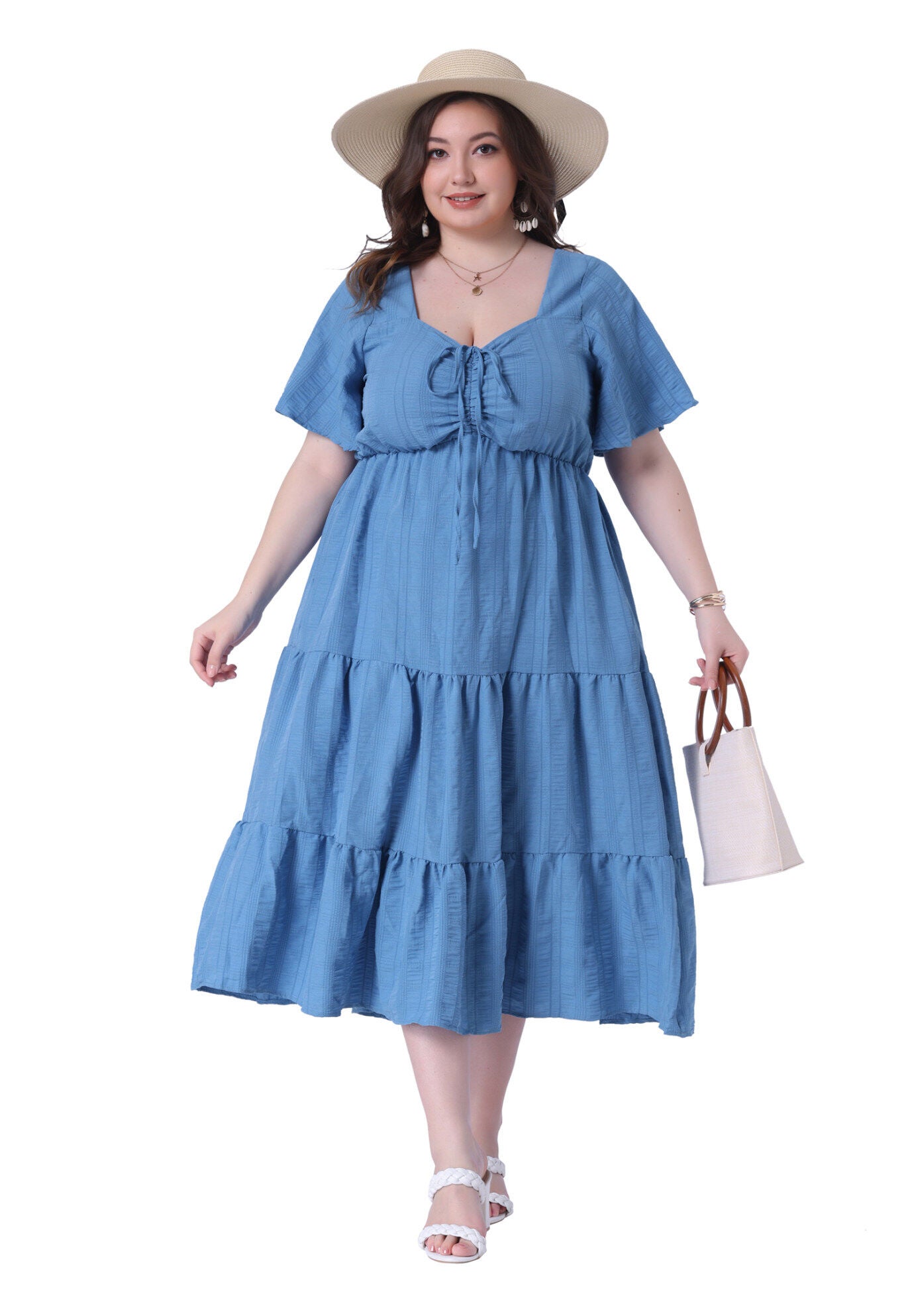Short Sleeve Flowy A Line Tiered Long Dresses, Blue / Dusty Blue, hi-res image number 0