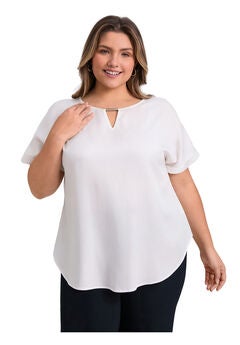 Keyhole Neck Metal Trim Blouses Folded Cuff Short Sleeve T-Shirt Top