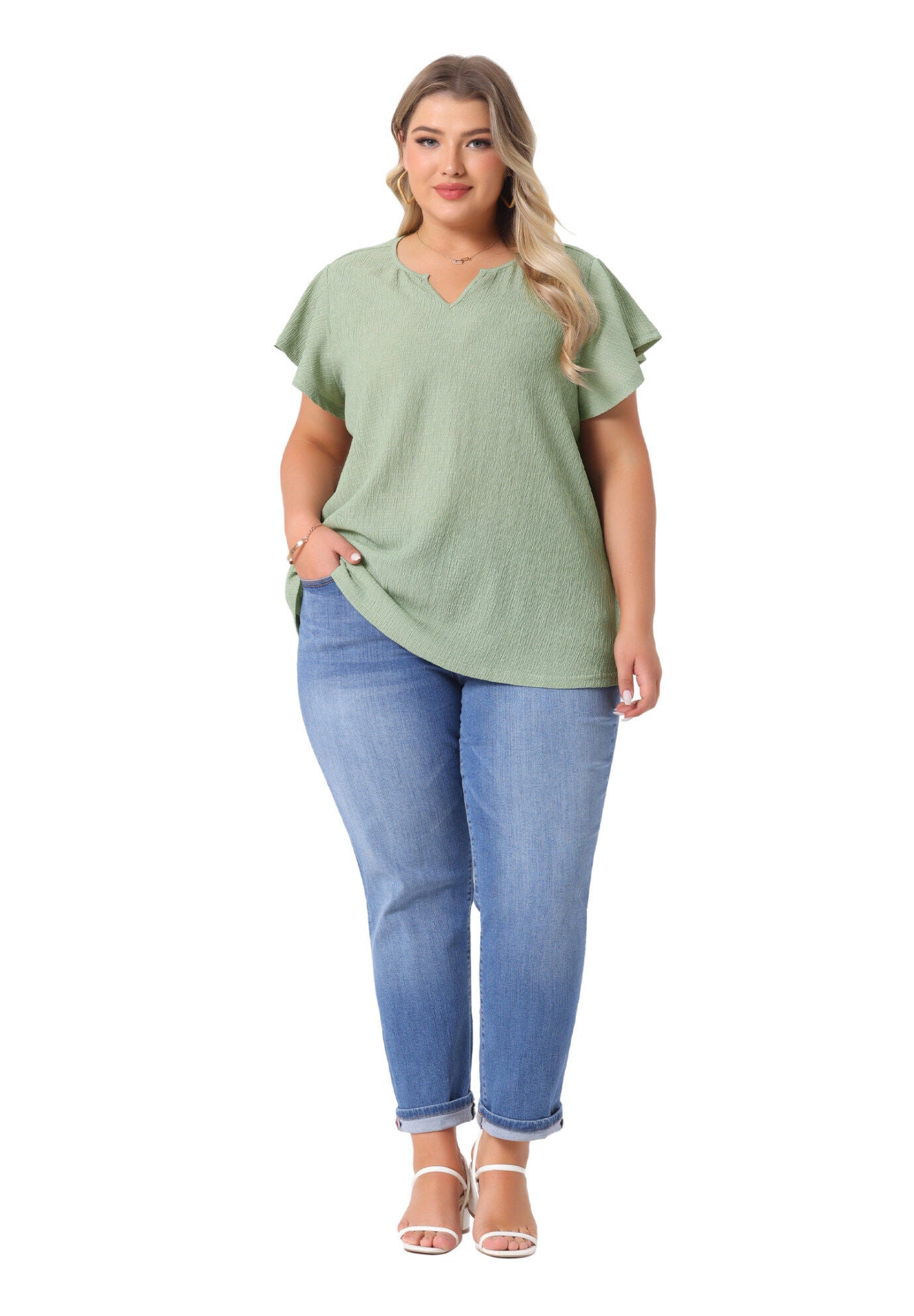 V Neck Ruffle Short Sleeve Summer Blouse, Green / Olive Green, hi-res image number 0