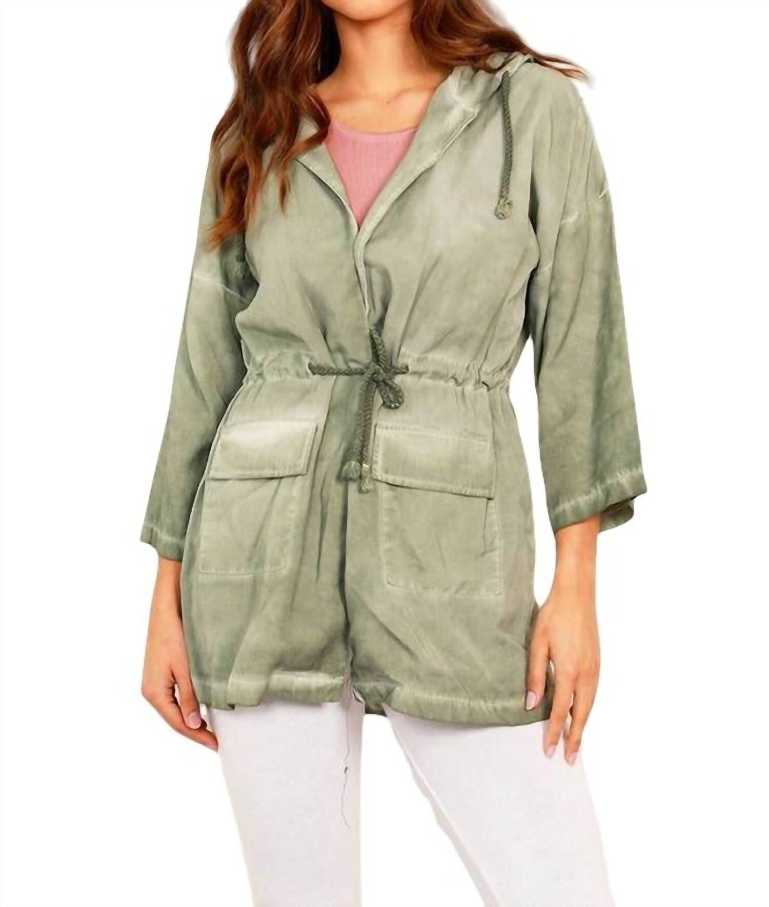 JENNIFER HOODED LONG TRENCH COAT IN OLIVE, Olive / Olive Green, hi-res image number 0