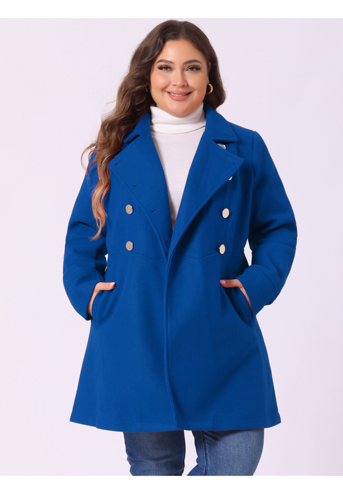 A-Line Peter Pan Collar Double Breasted Peacoat, Royal Blue / Royal Blue, alternate image number 1