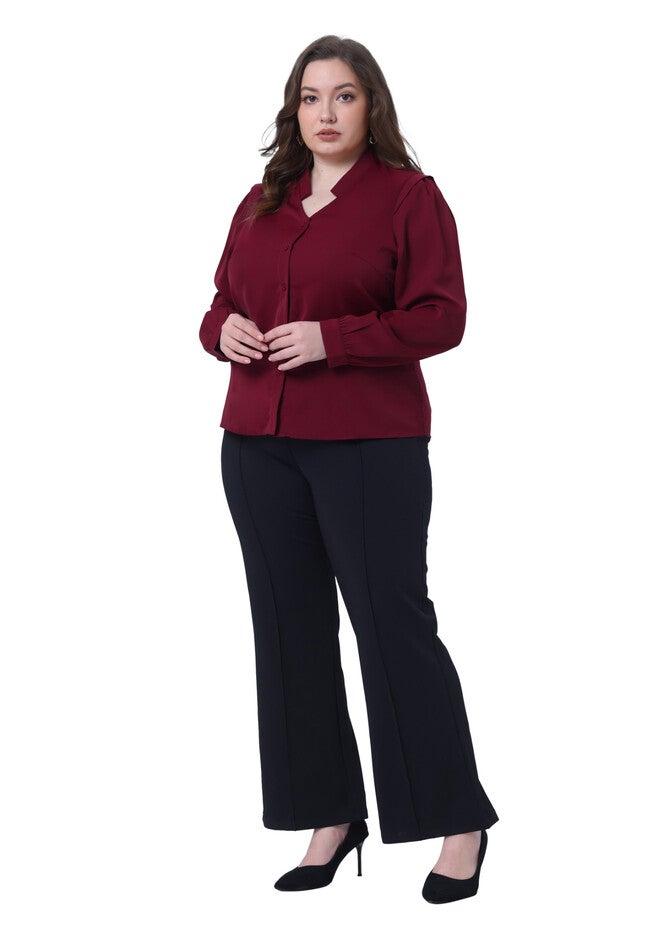 Button Up Notch V Neck Long Sleeve Work Shirt, Burgundy / Burgundy, hi-res image number null
