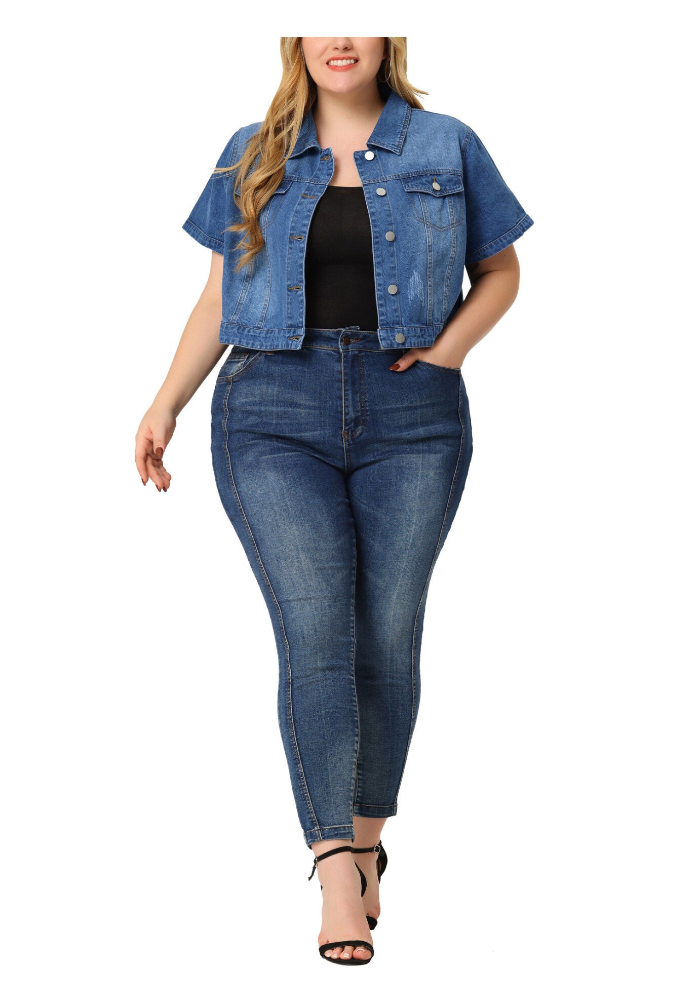 SHORT SLEEVE BUTTON DOWN CROPPED DENIM JACKET, Denim Blue / Light Blue, alternate image number 1