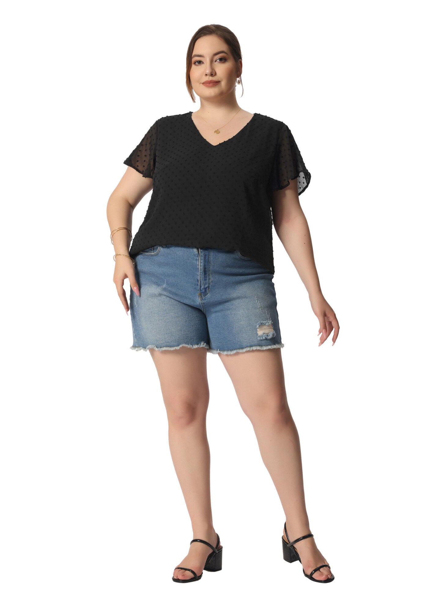 Swiss Dots Blouse V Neck Summer Short Sleeve Casual Top, Black / Black, hi-res image number 0