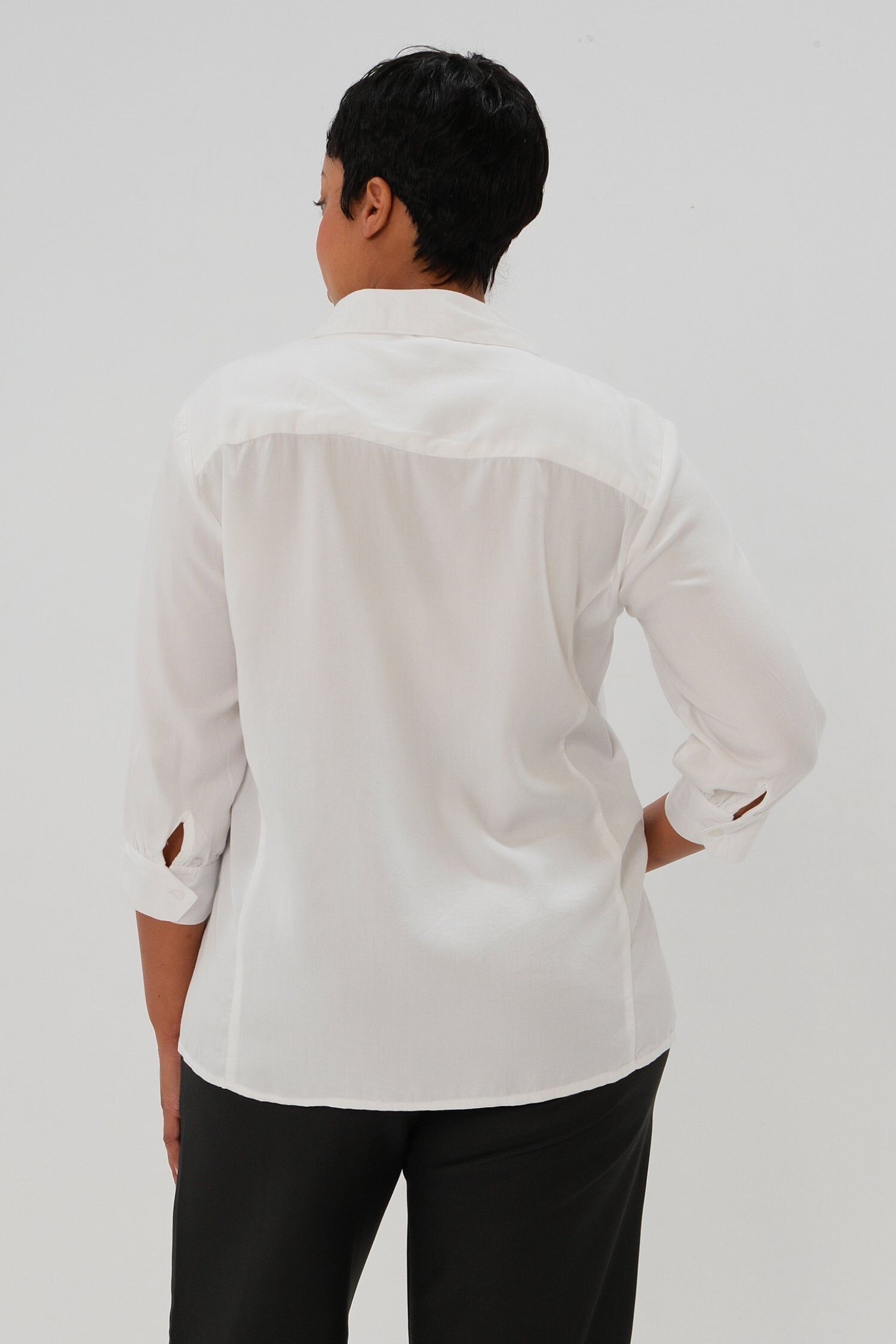 MARION Women's No-Gap 3/4 Sleeve Maternity & Nursing Button Down Shirt in with Bra Concealing Design in TENCEL, White / White, alternate image number 3