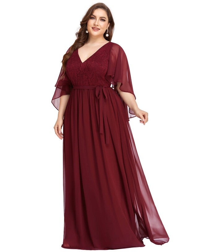 Deep V Neck Lace Bodice Long Flowy Evening Dress, Burgundy / Burgundy, alternate image number null