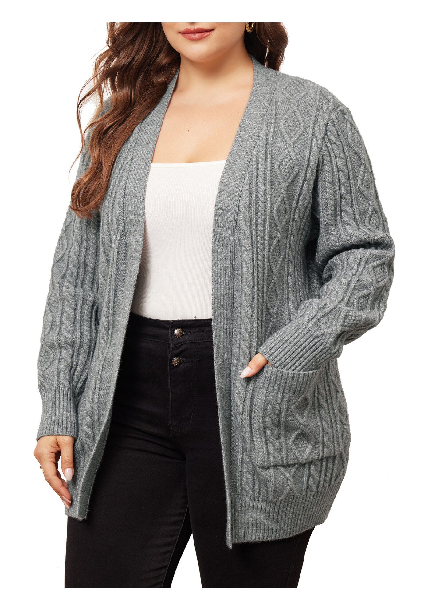 OPEN FRONT LIGHTWEIGHT SWEATER CARDIGAN WITH POCKETS, Gray / Light Grey, alternate image number 1