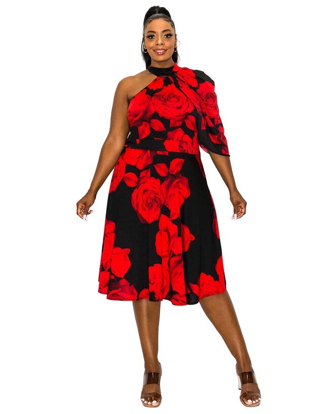 CAVALLI FLORAL FLARE DRESS, BlackRed / Red, hi-res image number null