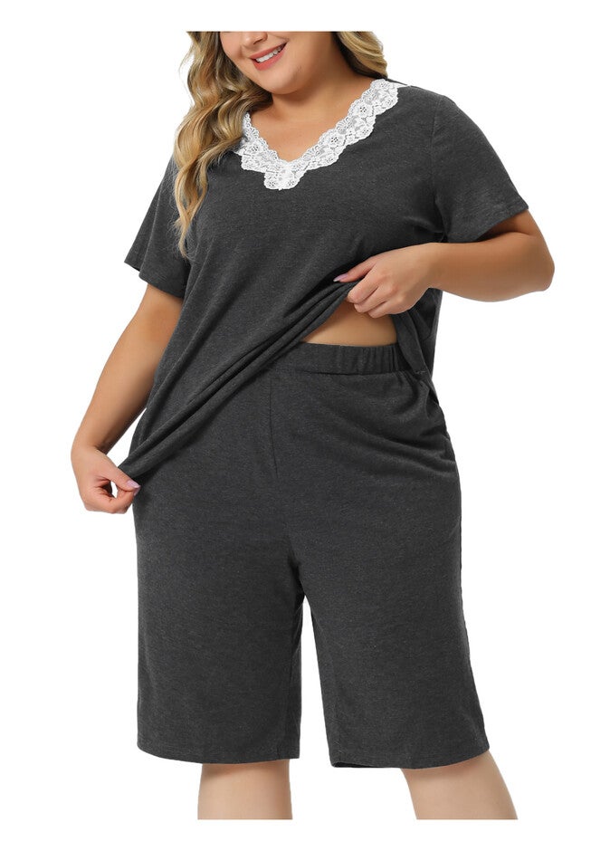 Short Sleeve Top and Pants Sleepwear Pajamas Set, Dark Gray / Charcoal Grey, alternate image number 2