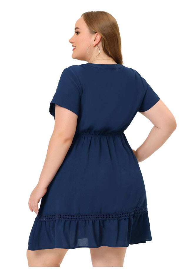 Button V Neck Summer Midi Ruffle A Line Swing Dress, Navy Blue / Navy, alternate image number null