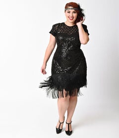 Unique Vintage 1920s Black Sequin Fringe Del Mar Flapper Dress