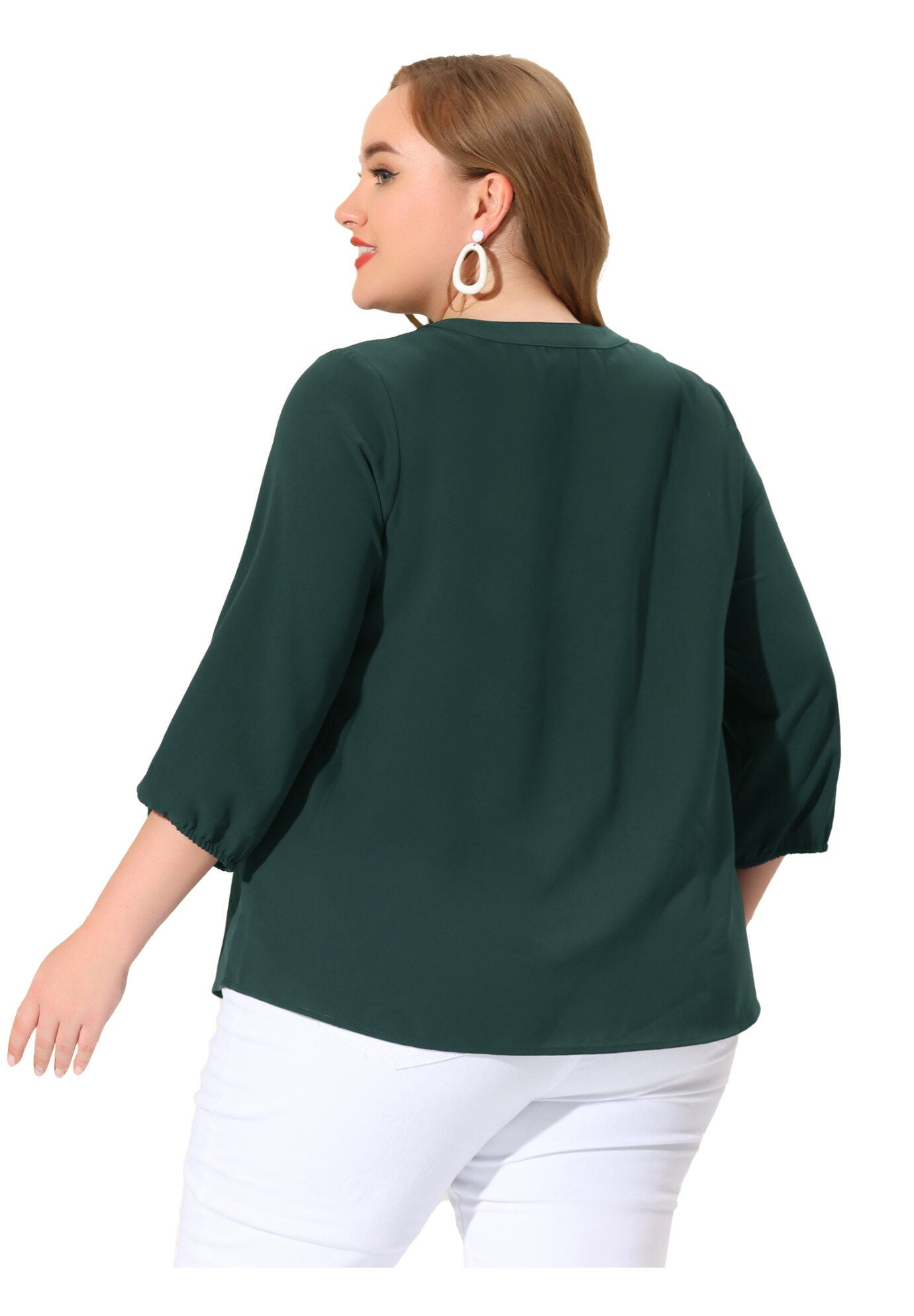 3/4 Sleeve Work Office Tie Front Ruffle Chiffon Blouse Top, Dark Green / Forest Green, alternate image number 3