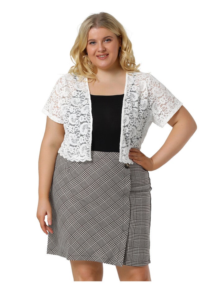 OPEN FRONT SHORT SLEEVE CROCHET LACE CROPPED BOLERO SHRUG CARDIGAN, White / White, alternate image number 3
