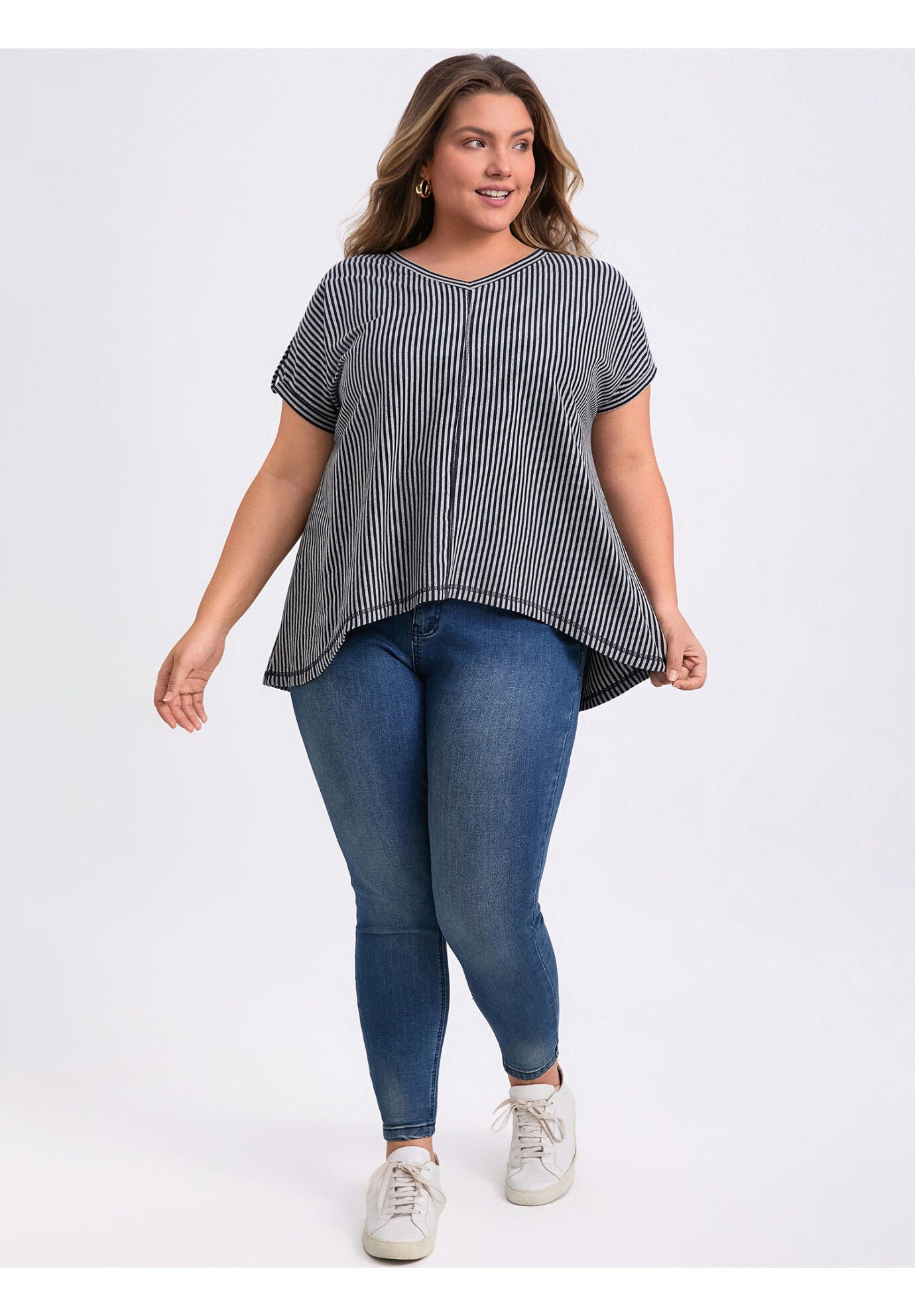 V Neck Short Sleeve Vertical Stripe Drop Shoulder Knit Blouse, Blue Gray / Cool Gray, hi-res image number 0