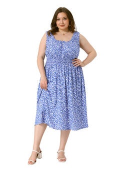 Square Neck Sleeveless Floral Flowy Stretchy Waist Midi Summer Dress