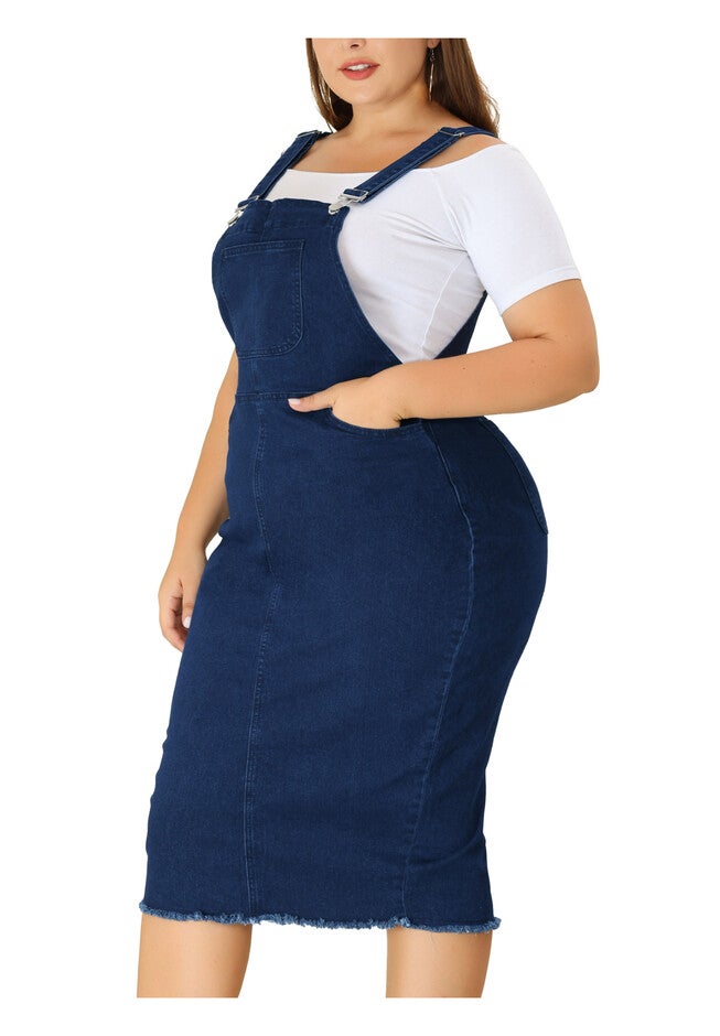 ADJUSTABLE STRAP BACK SLIT DISTRESSED DENIM OVERALL DRESS, Black Blue / Navy, alternate image number 3