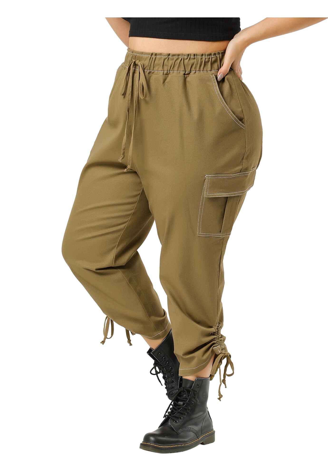 DRAWSTRING ELASTIC WAIST CARGO PANTS, Khaki / Brown, alternate image number 2