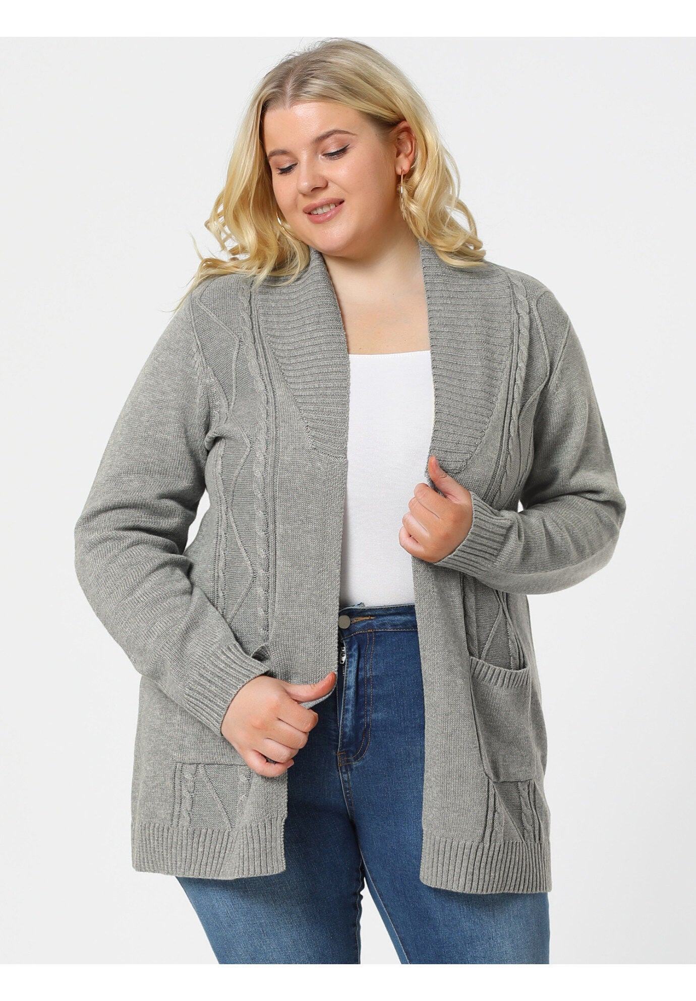 SHAWL COLLAR OPEN FRONT SWEATER CARDIGAN, Light Grey / Light Grey, alternate image number 3