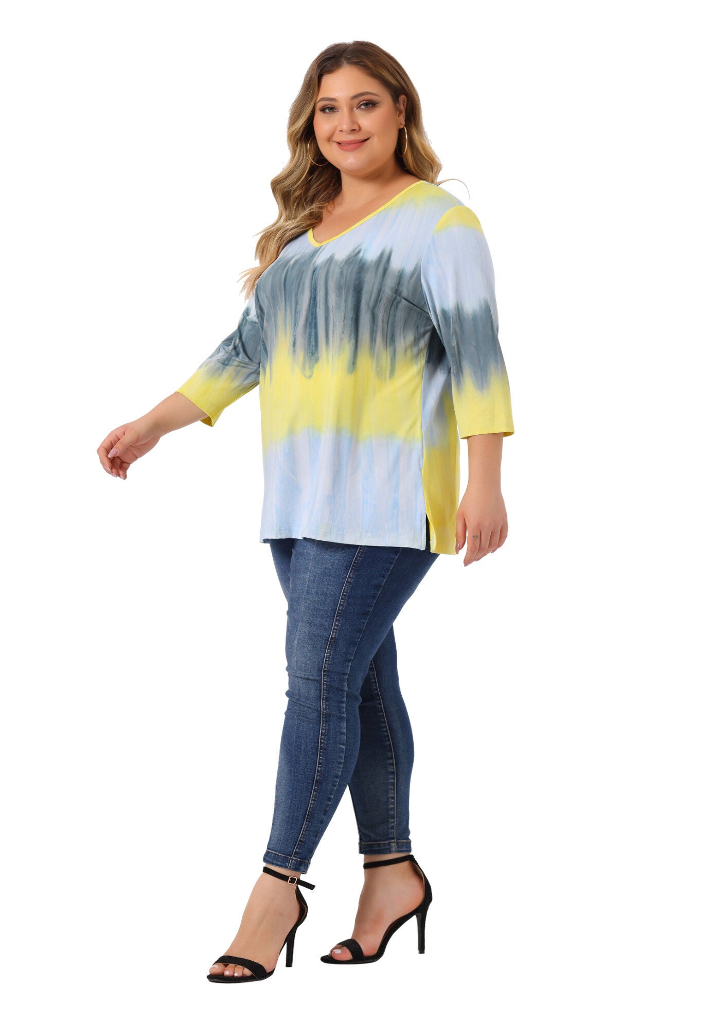 V Neck 3/4 Sleeve Loose Casual Striped Tie Dye Print T-Shirt Top, Gray Yellow / Dusty Blue, hi-res image number 0