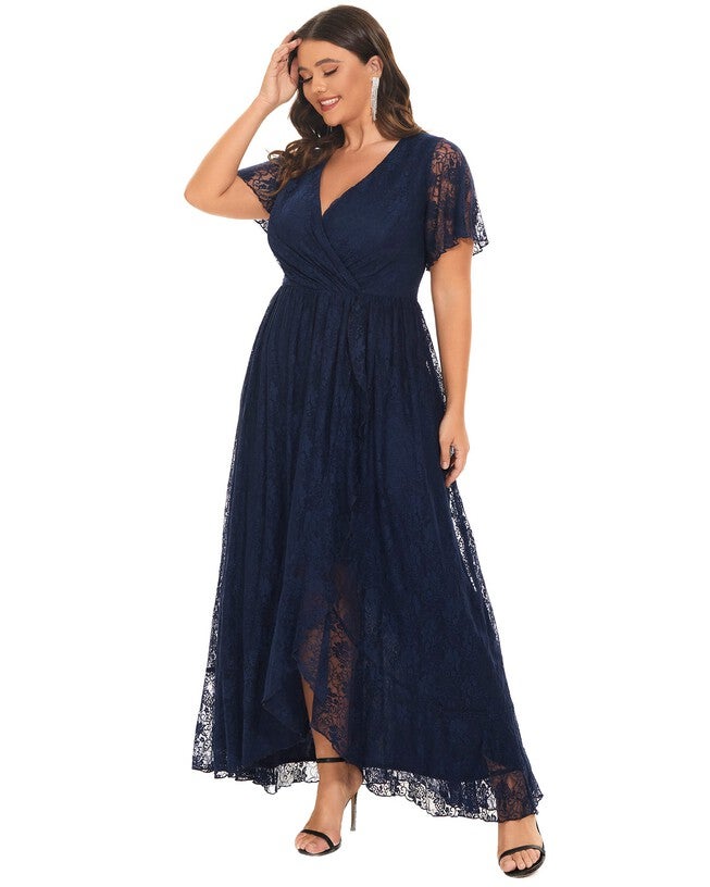 Short Sleeve Ruffled V-Neck A-Line Lace Evening Dress, , alternate image number 9