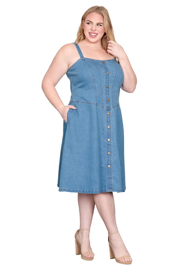 Straps Button Front Denim Midi Dress, Blue Blast / Light Blue, alternate image number null
