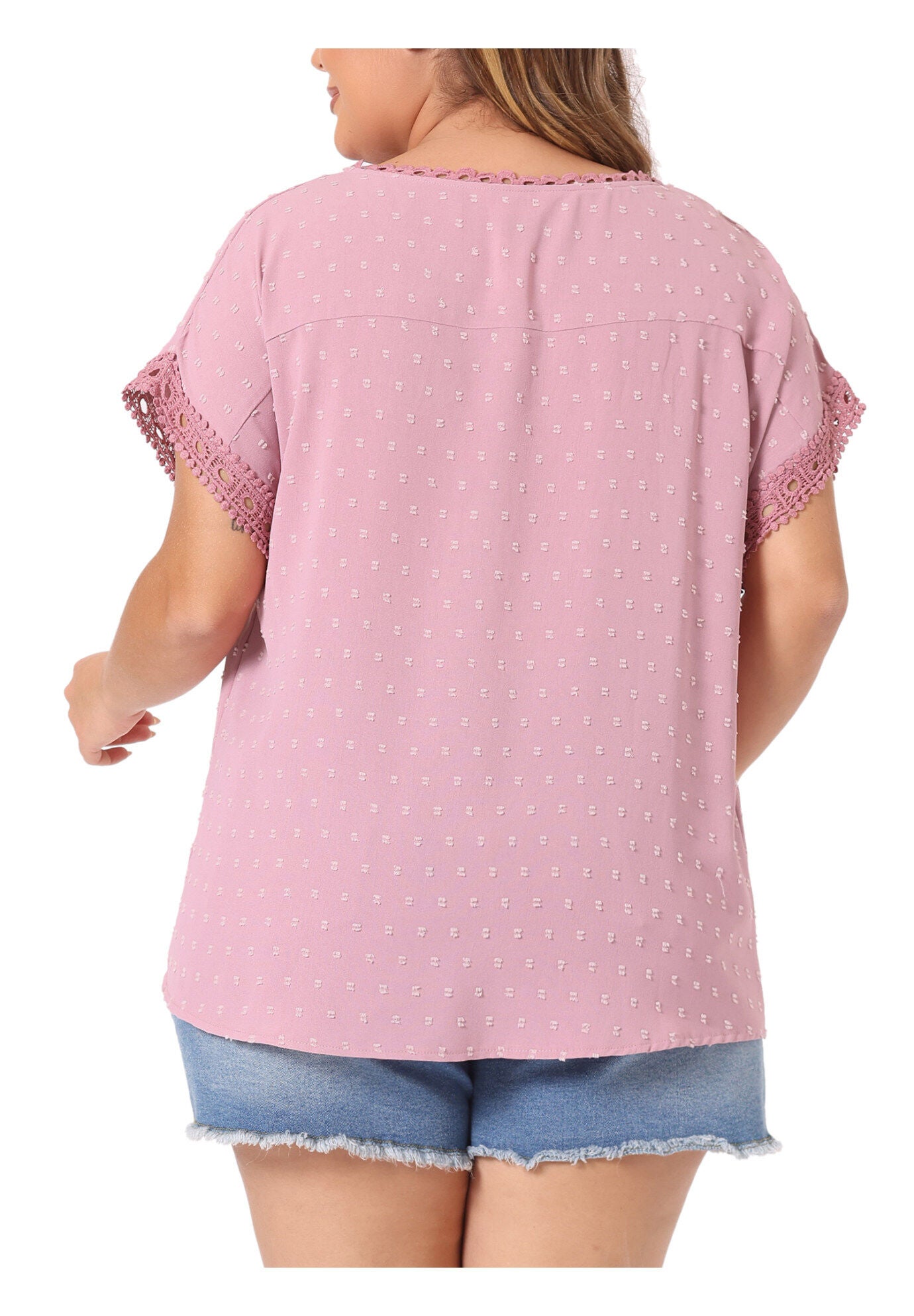 Swiss Dots Lace Crochet Short Sleeve Chiffon Blouse, Pink / Pink, alternate image number 3
