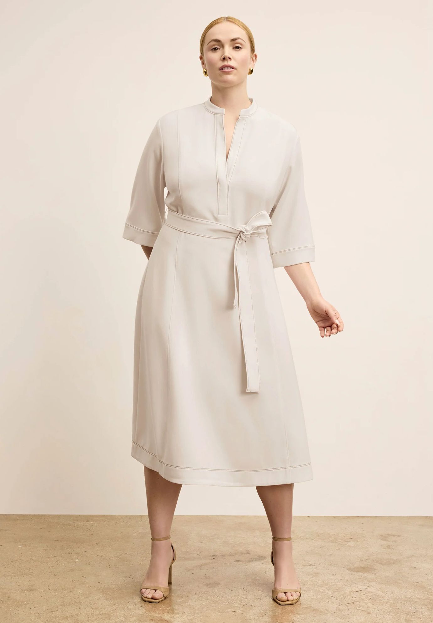 Lauleh Dress - Everyday Crepe with Topstitch, Eggshell / Warm Grey, alternate image number 4