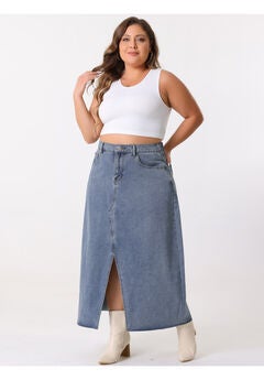 Denim Frayed Raw Hem High Waist Front Slit Long Jean Maxi Skirt