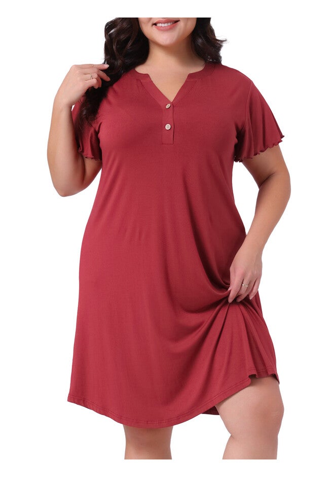 V Neck Nightshirt Ruffle Short Sleeve Loungewear, Burgundy / Burgundy, alternate image number null