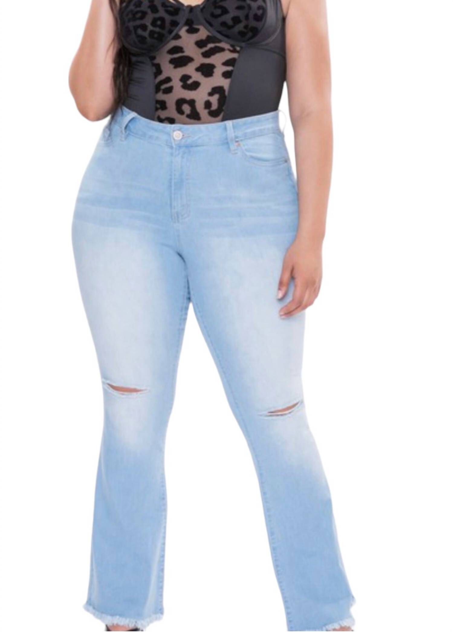SINGLE BUTTON HIGH RISE SUPER FLARE JEANS, Light Blue Rips / Light Blue, alternate image number 1