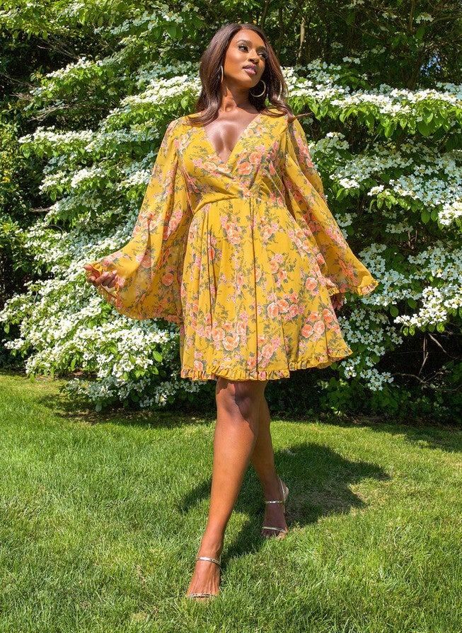 PENNY FLORAL FLARED SLEEVE MINI SKATER DRESS, Mustard / Mustard, alternate image number 3