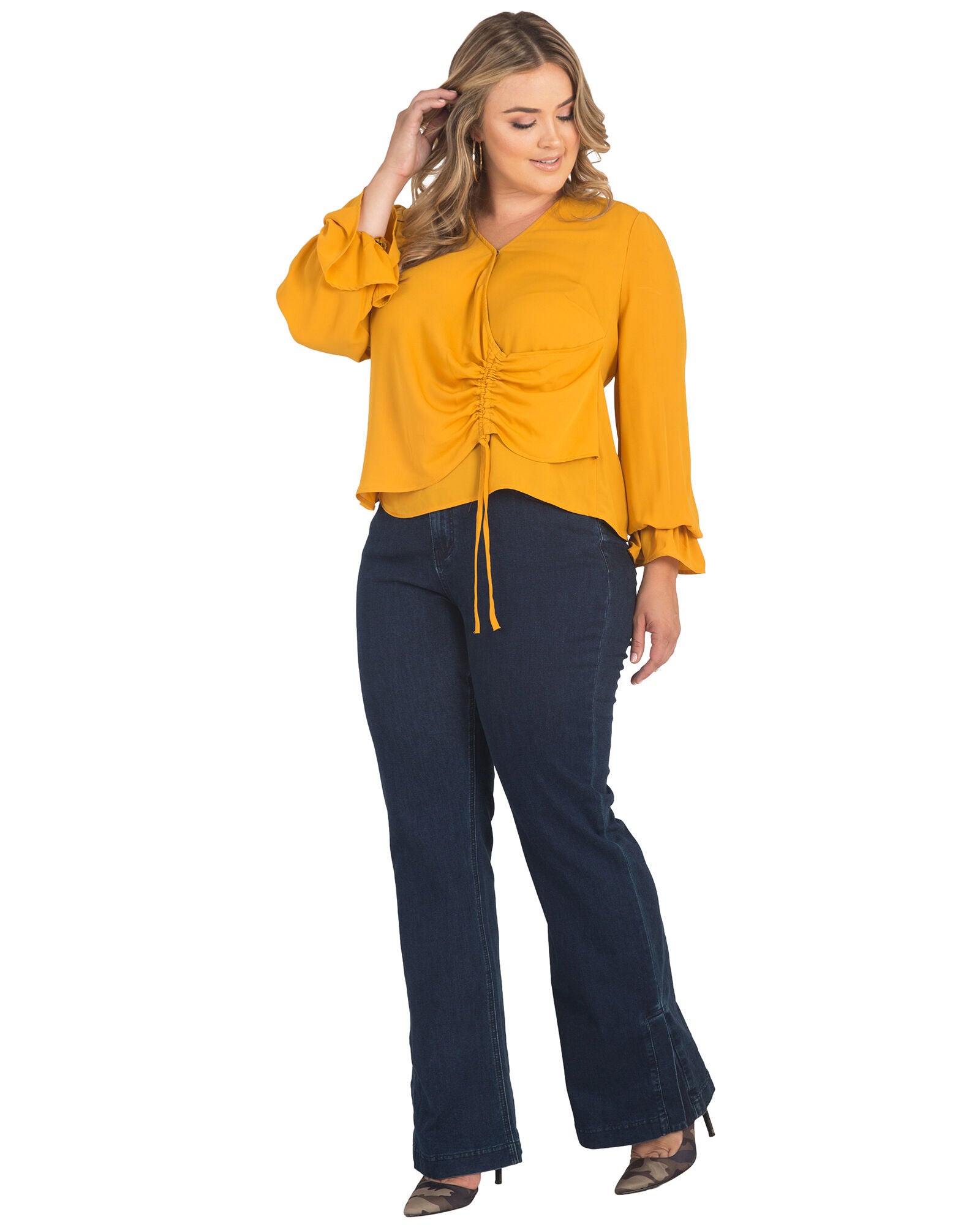 Plus Size Vera Tie Front Flute Sleeve Blouse, Ginger / Mustard, alternate image number 2
