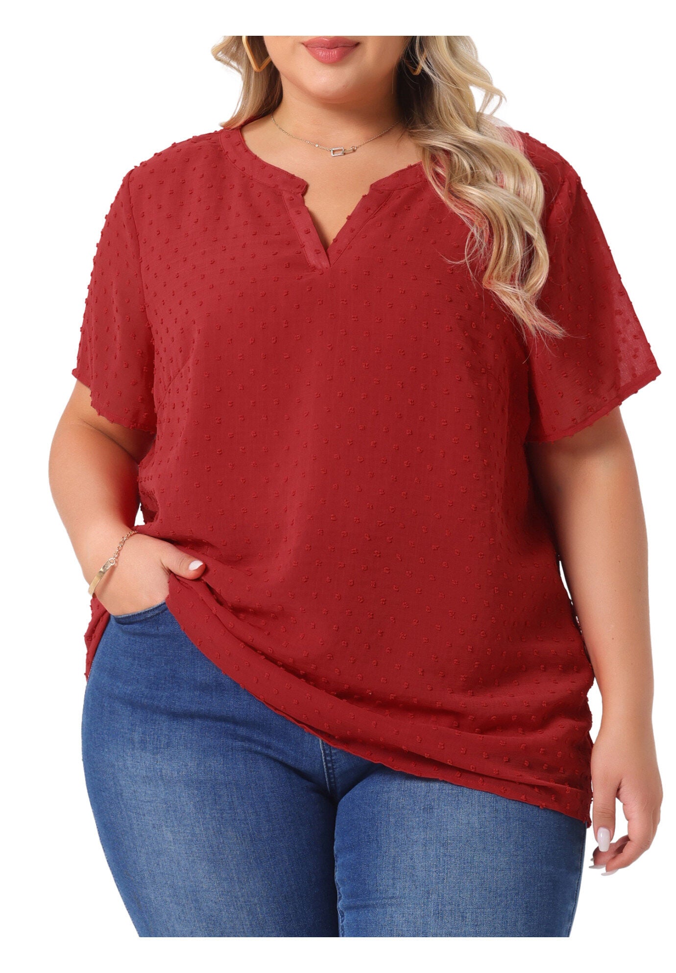 Swiss Dots Notched Neck Short Sleeve Basic Blouse, Red / Red, alternate image number 2