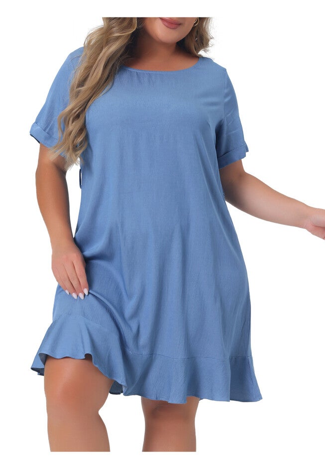 Summer Tie Waist Short Sleeve Sundress Ruffle Midi Chambray Dress, Light Blue / Light Blue, alternate image number 1