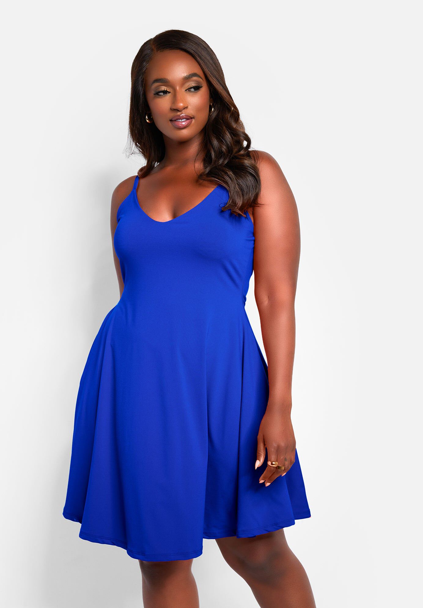 Essential V Neck Strappy Mini Skater Dress, Royal Blue / Royal Blue, alternate image number 2