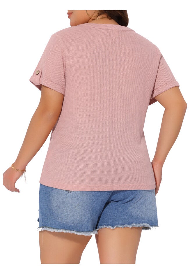 Loose Short Sleeve Button V Neck Summer Waffle Tunic Tee, Pink / Pink, alternate image number null