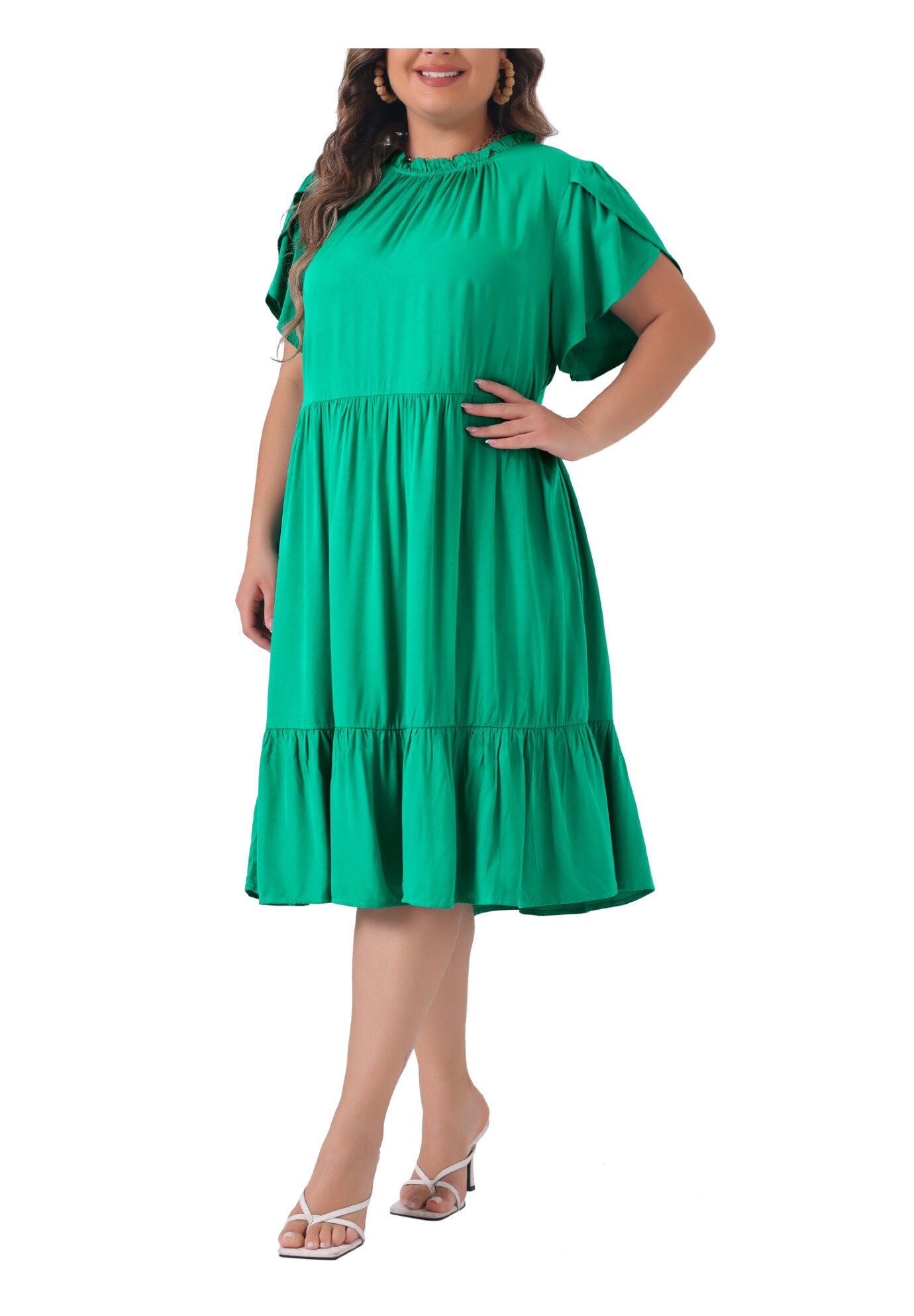 TIE BACK PETAL SLEEVE MOCK NECK RUFFLE HEM A-LINE SWING MIDI DRESS, Green / Kelly Green, alternate image number 1