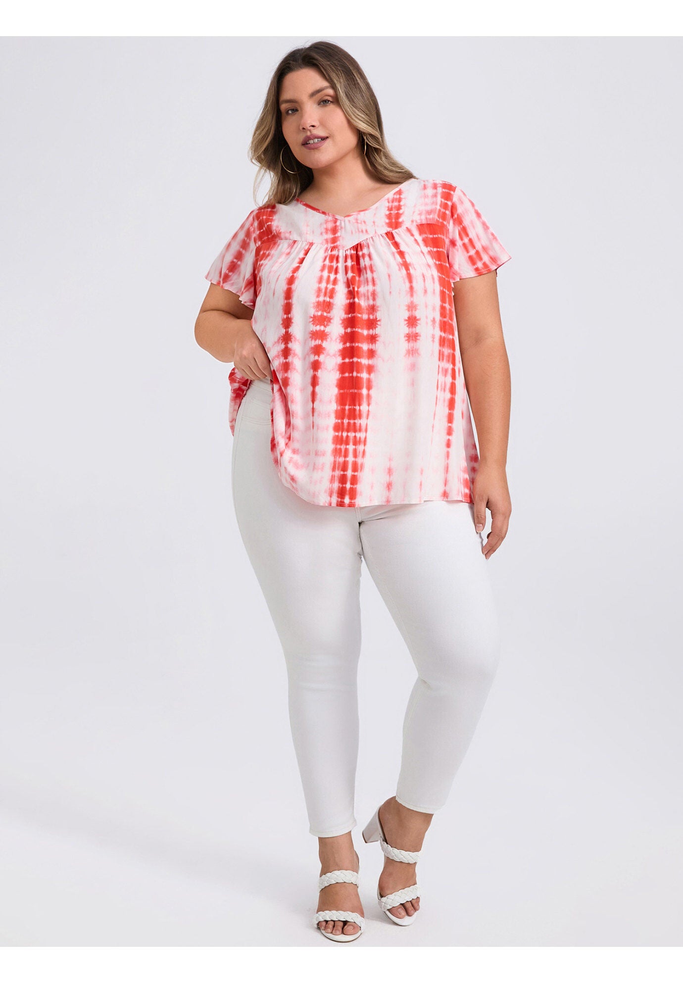 Tie Dye V Neck Ruffle Short Sleeve Pleated Blouse, Orange / Orange, alternate image number 1