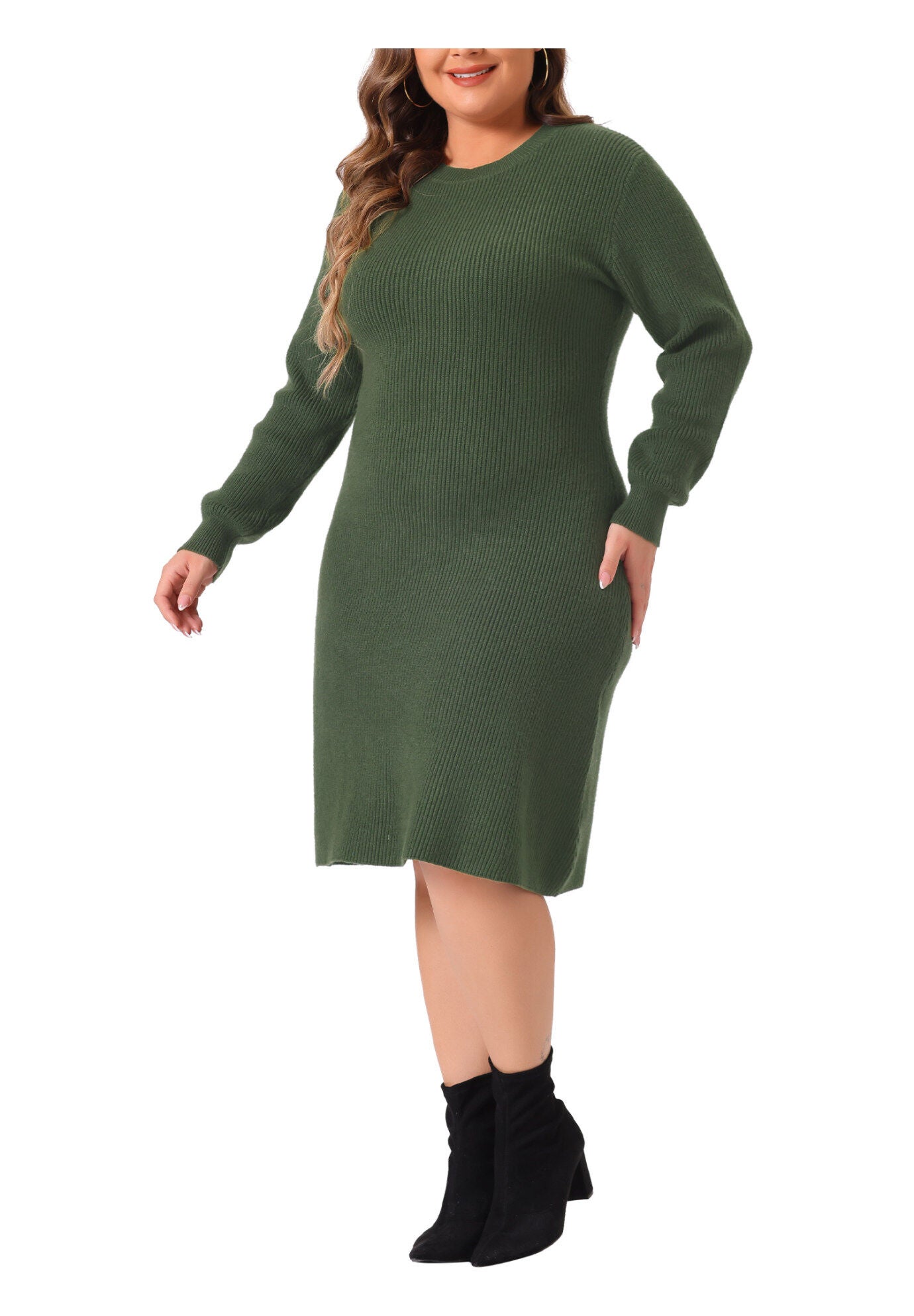Crew Neck Long Sleeve Knit Pullover Sweater Dress, Army Green / Olive Green, alternate image number 2