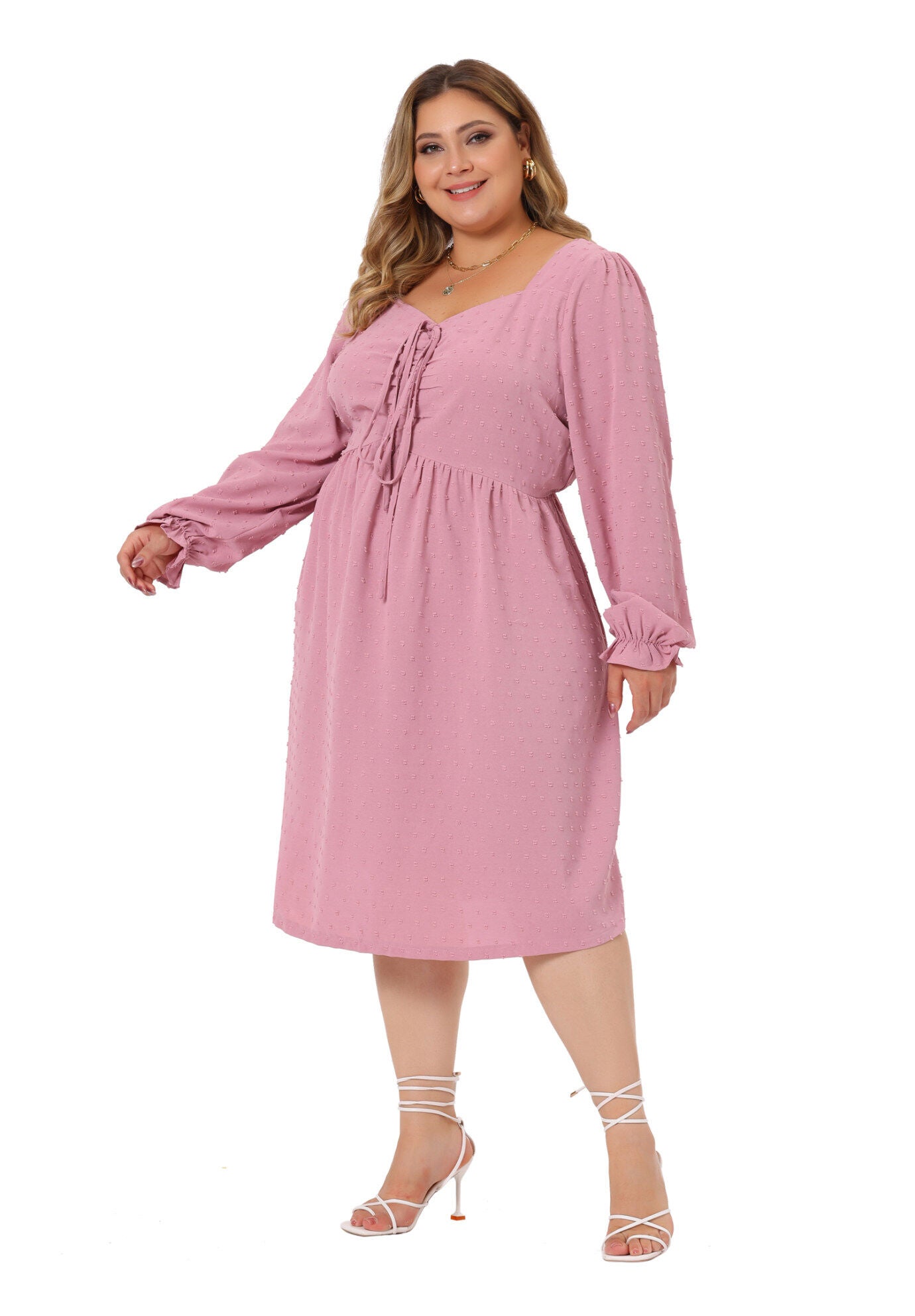 Swiss Dots Long Sleeve Sweetheart Neck Ruffle Tiered Midi Dress, Pink / Pink, hi-res image number 0