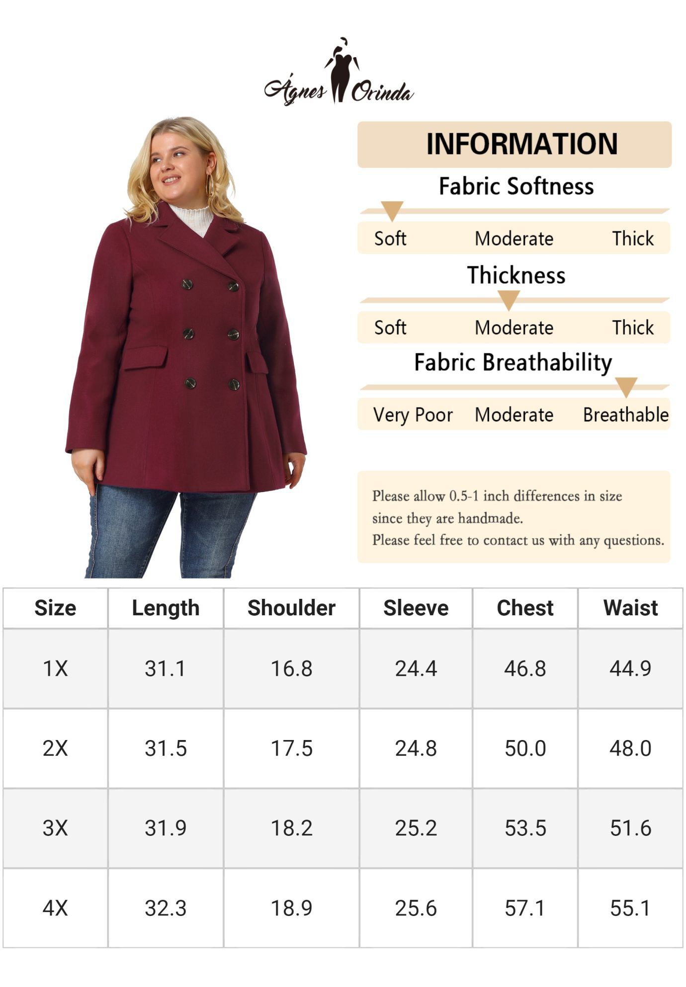 NOTCHED LAPEL DOUBLE BREASTED COAT, Burgundy / Red, alternate image number 4