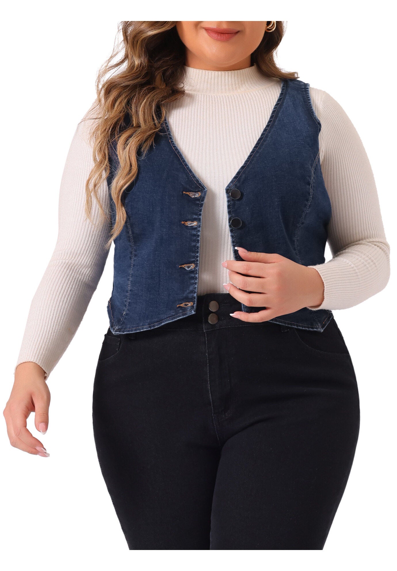 V NECK BUTTON DOWN DENIM VEST, Dark Blue / Navy, alternate image number 3