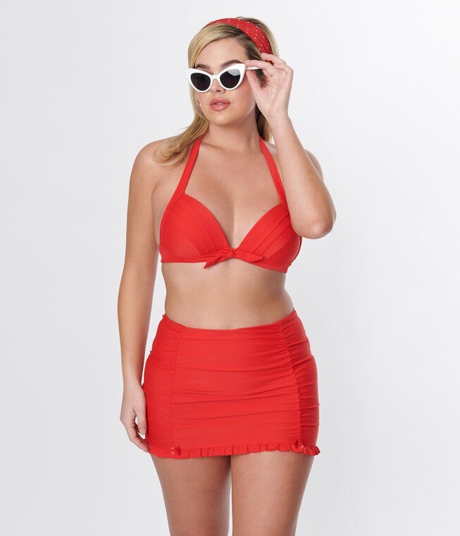 Unique Vintage Red Monroe Halter Swim Top, Red / Red, hi-res image number 0
