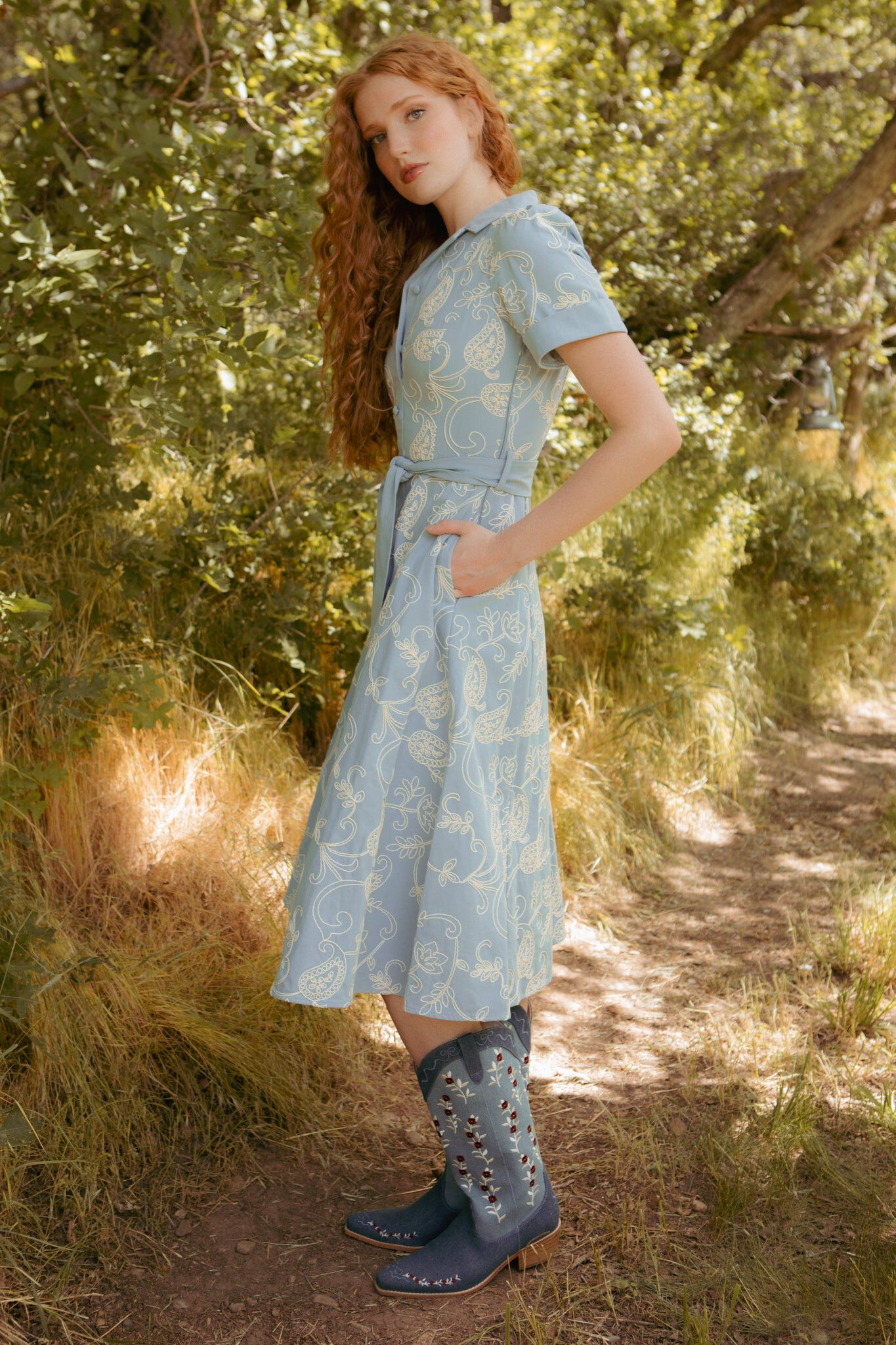 Bennett Dress, Cream Embroidery / Chambray Denim Medium, alternate image number 2